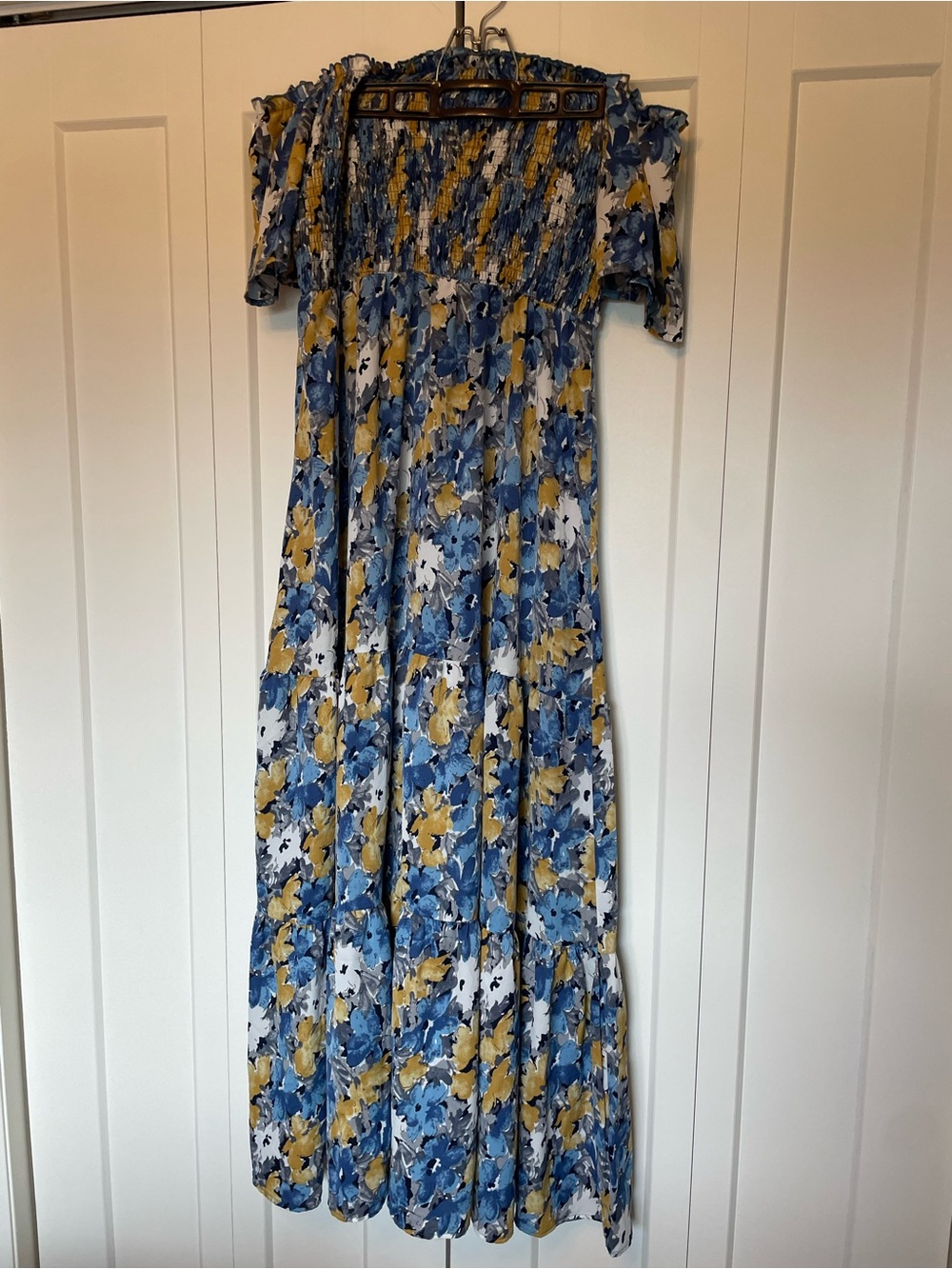 SHEIN Smocked Off-Shoulder Floral Maxi Dress in Blue and Yellow